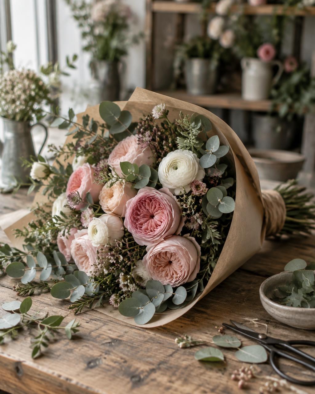Bouquet di rose e ranuncoli avvolto in carta kraft su un banco da lavoro
